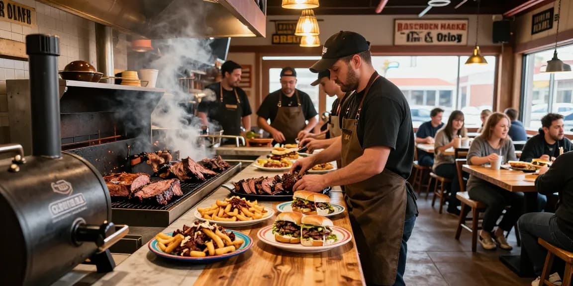 Delicious barbecue Alberta dishes served in a bustling smokehouse kitchen with chefs at work