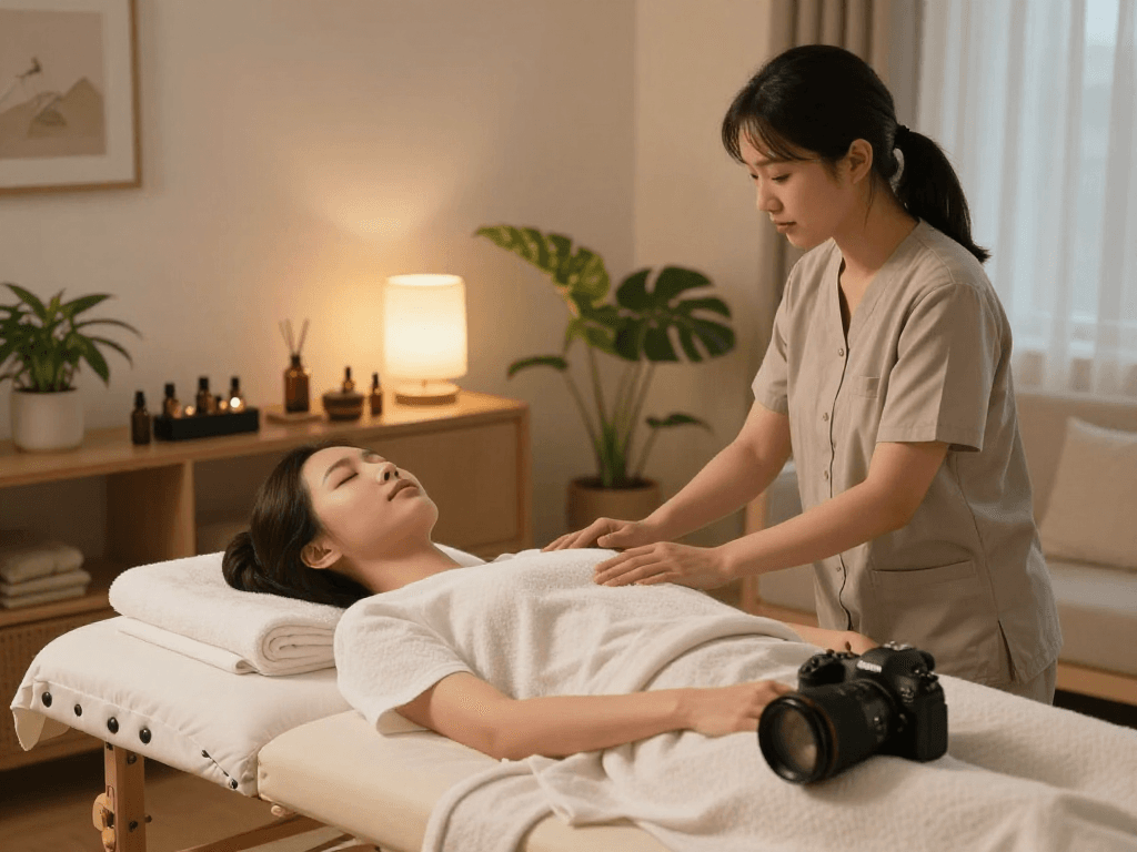 출장안마 session in a relaxing home environment, therapist setting up for a calming experience.