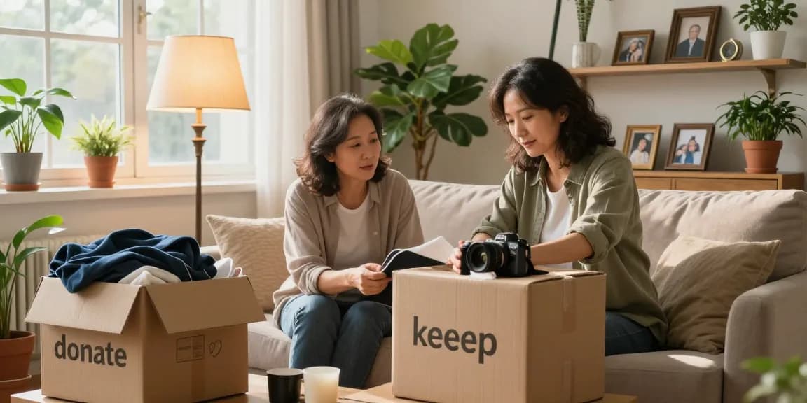 Downsizing Ottawa: Couple organizing their living room during a downsizing process with boxes and sentimental items.