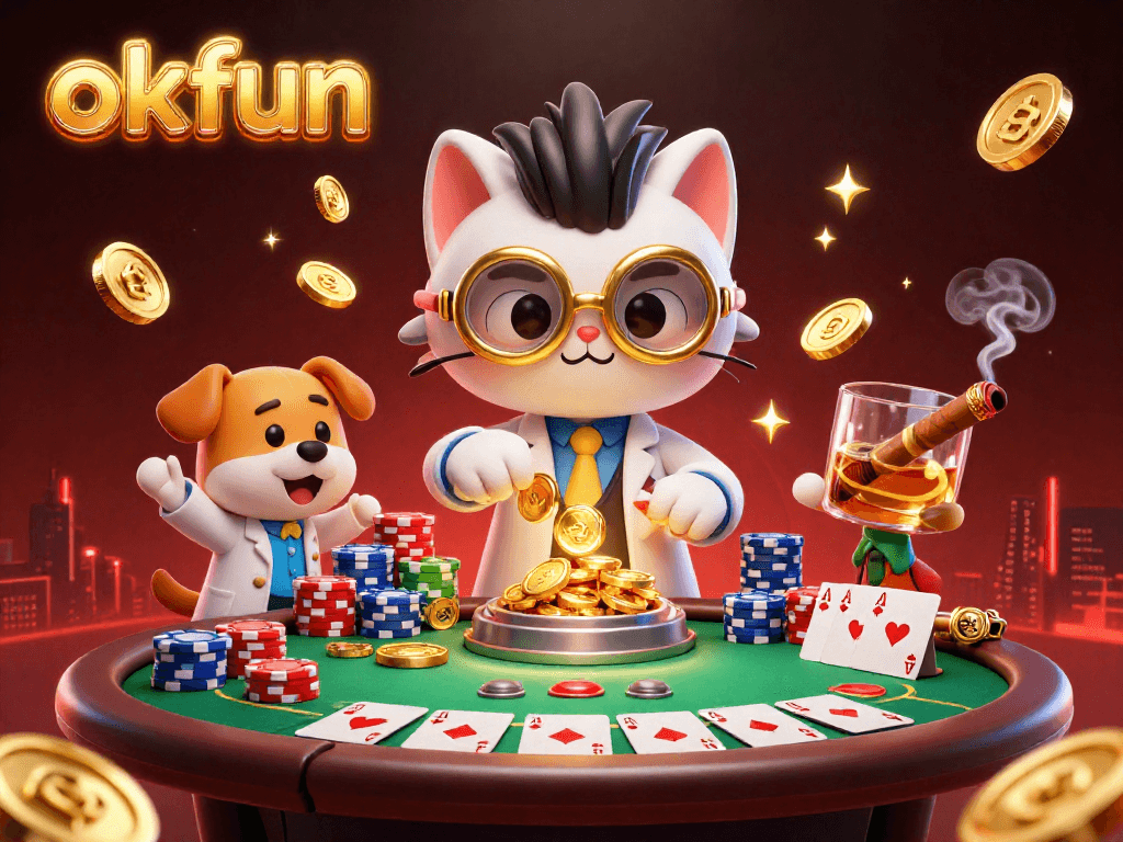 Bet big with okfun at a vibrant 3D casino scene featuring a mad scientist cat and poker elements.