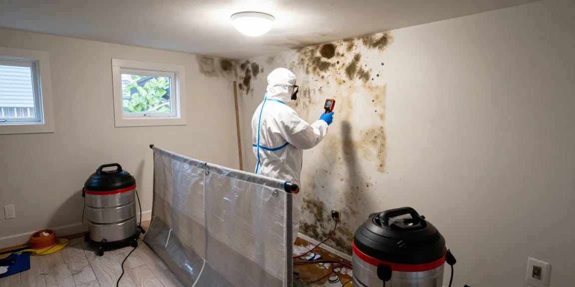 Mold Remediation Vancouver process with certified technician inspecting basement mold in a residential home.