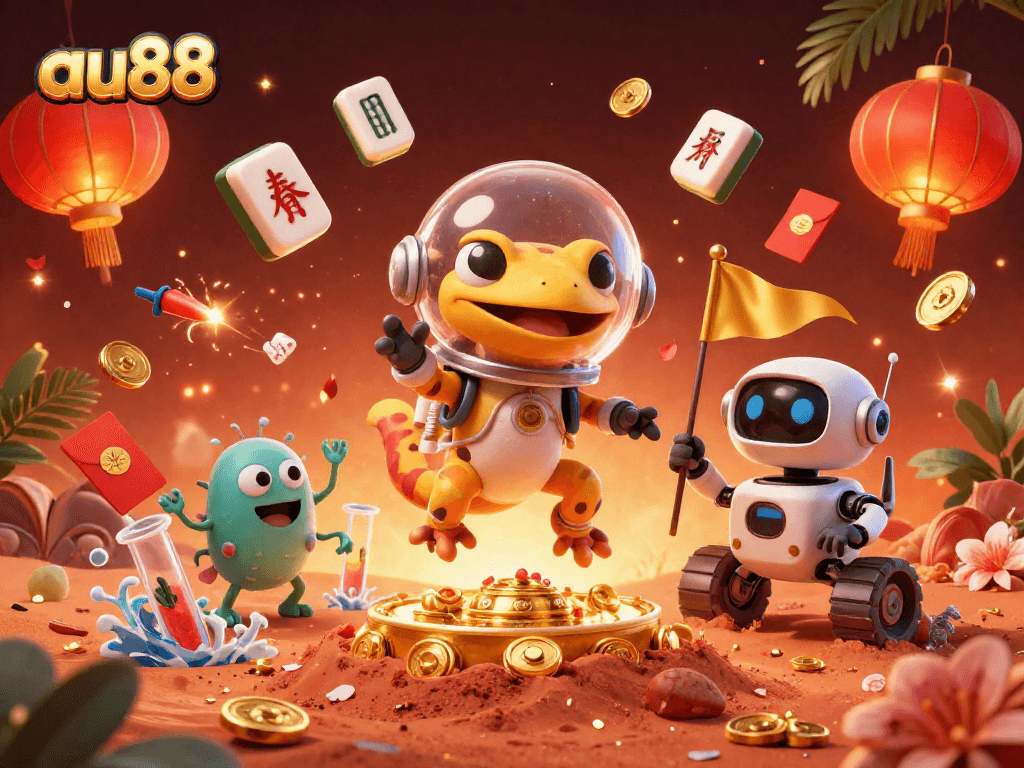 Engage with au88's vibrant gaming universe featuring unique casino elements and a Martian gecko adventure.