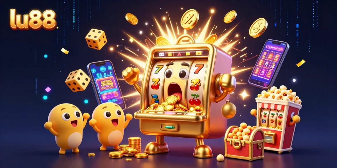 Watch lu88's golden slot machine winning with coins spilling out, surrounded by festive casino elements.