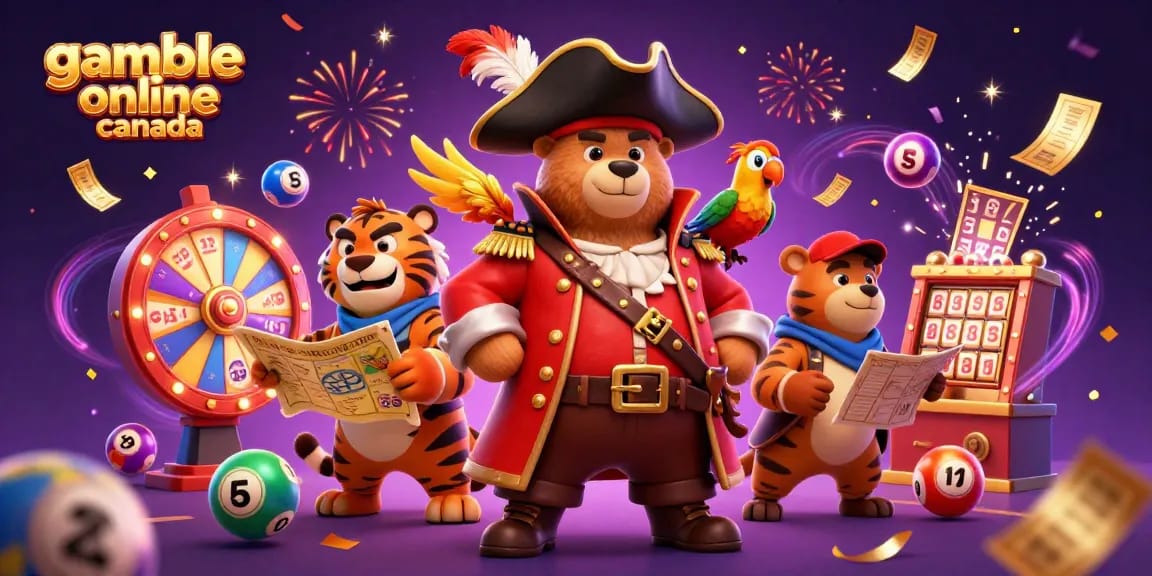Gamble online Canada with a lively casino scene featuring a bear pirate, tiger first mate, and festive elements.