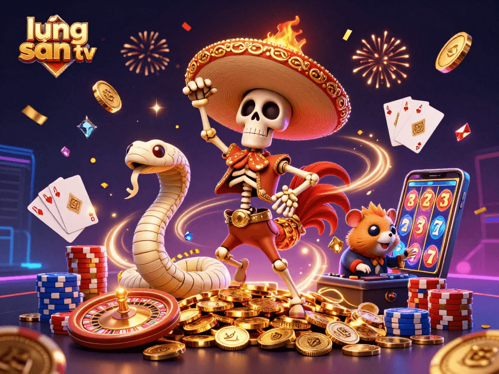 Experience immersive gameplay at lương sơn tv with vibrant 3D characters celebrating amidst casino elements.