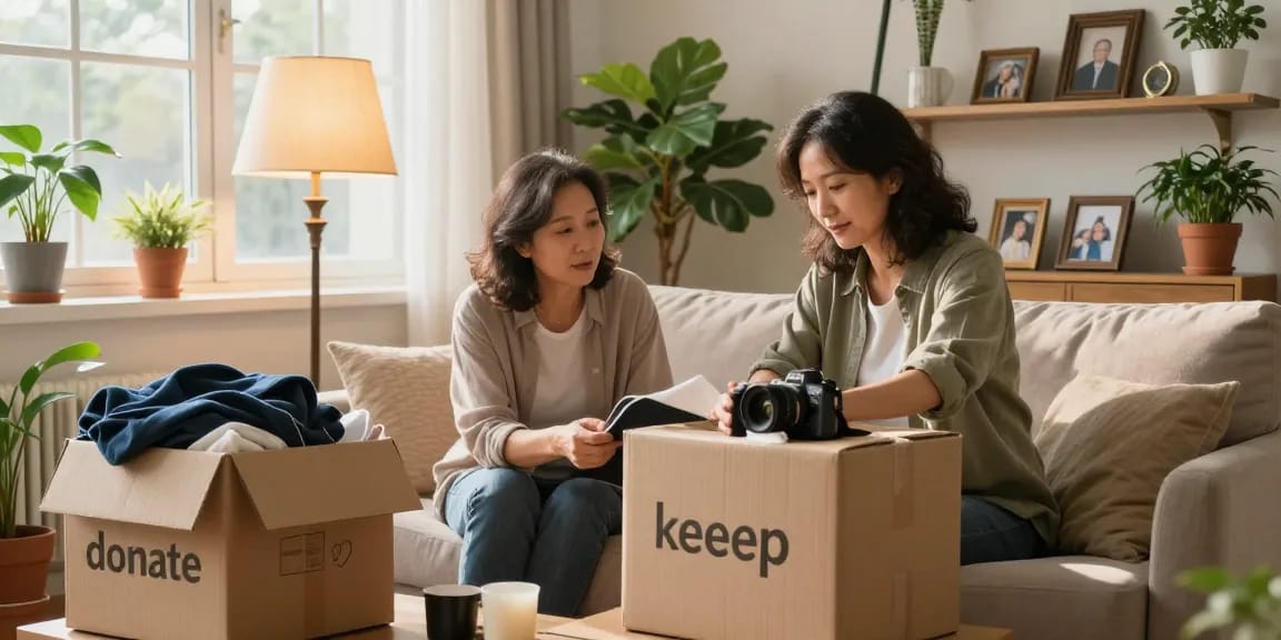 Downsizing Ottawa: Couple organizing their living room during a downsizing process with boxes and sentimental items.