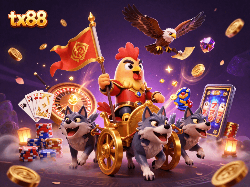 Experience excitement with tx88 as a rooster warlord conquers a vibrant casino battlefield.