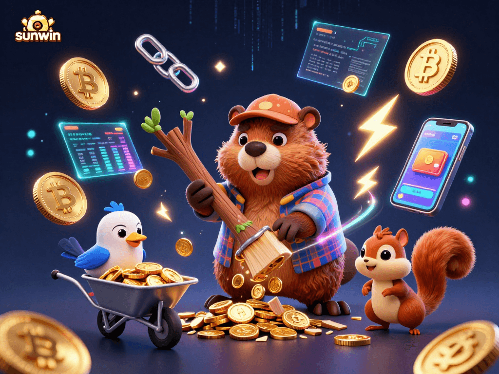 sunwin promotions flourish with a cartoon beaver chopping a tree raining golden coins