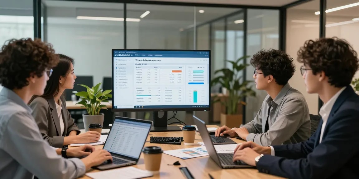 Using accounting software for small business, a diverse team collaborates in a modern office setting, enhancing productivity.