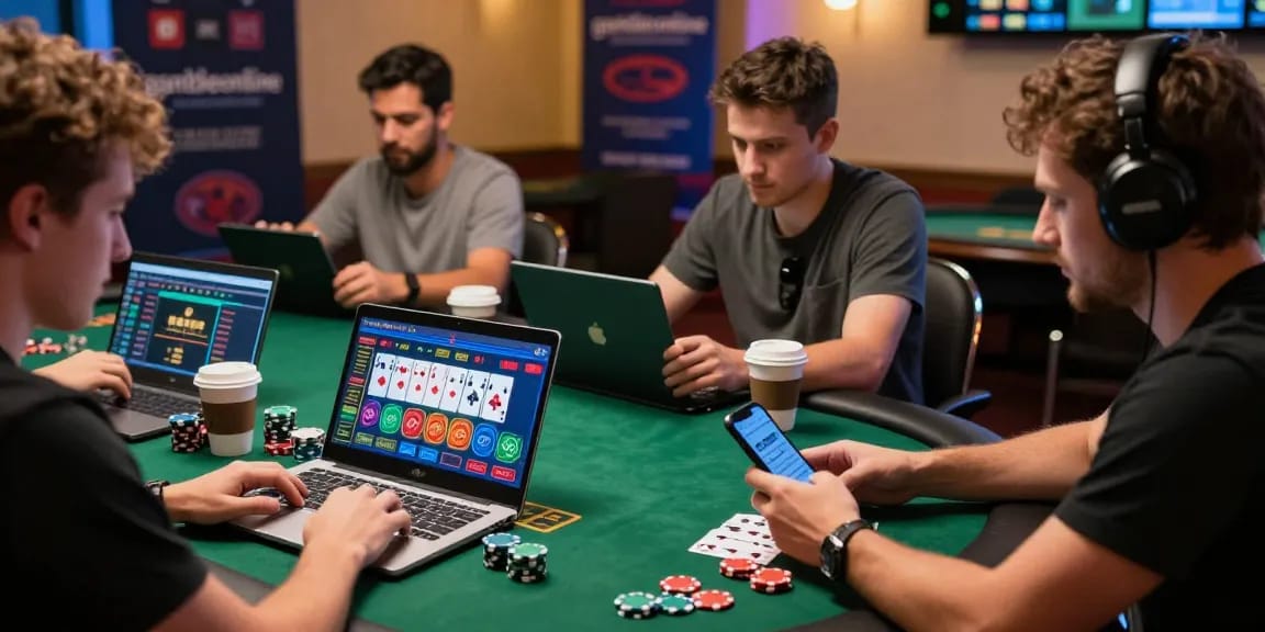 Players engaging with gambleonline on laptops and tablets, showcasing vibrant online gambling activities in a lively setting.
