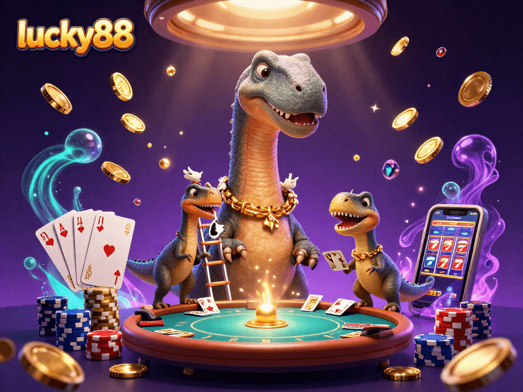 Experience lucky88 excitement with giant brontosaurus in a vibrant casino scene.