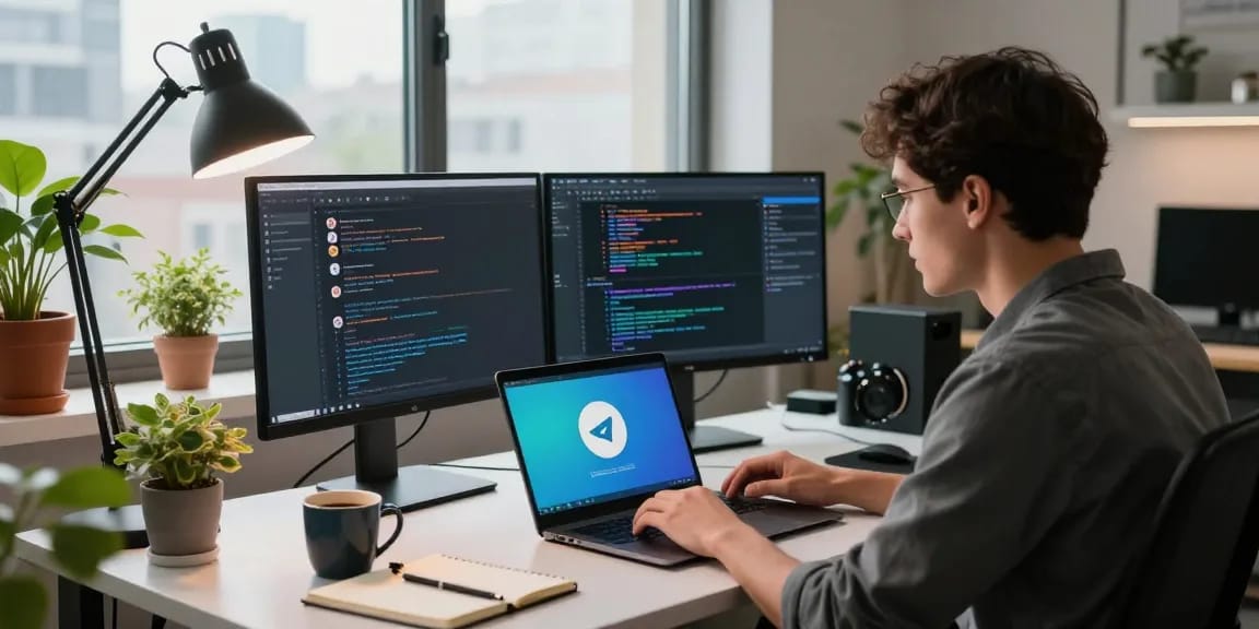 Developer downloading Telegram app in a modern workspace, highlighting Telegram download.