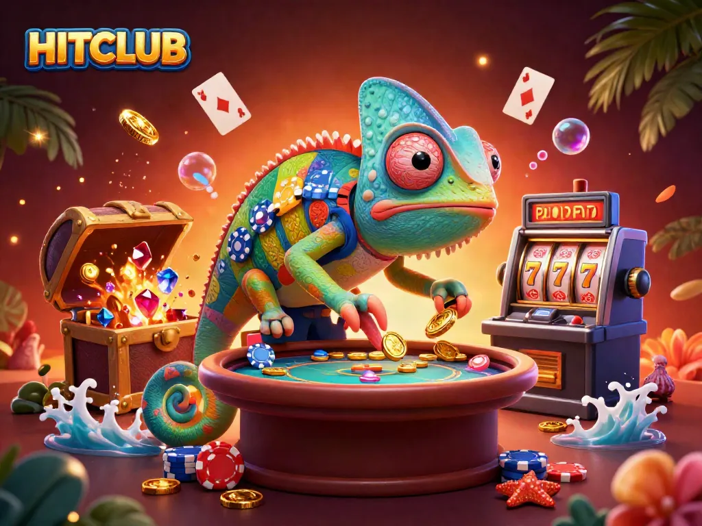 Engage with HITCLUB's vibrant casino world as the chameleon owner captures golden coins.