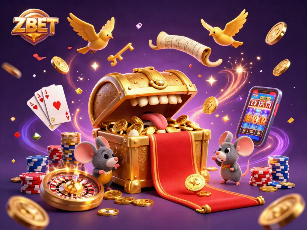 ZBET showcases thrilling slots alongside colorful casino treasures in this vibrant 3D illustration.