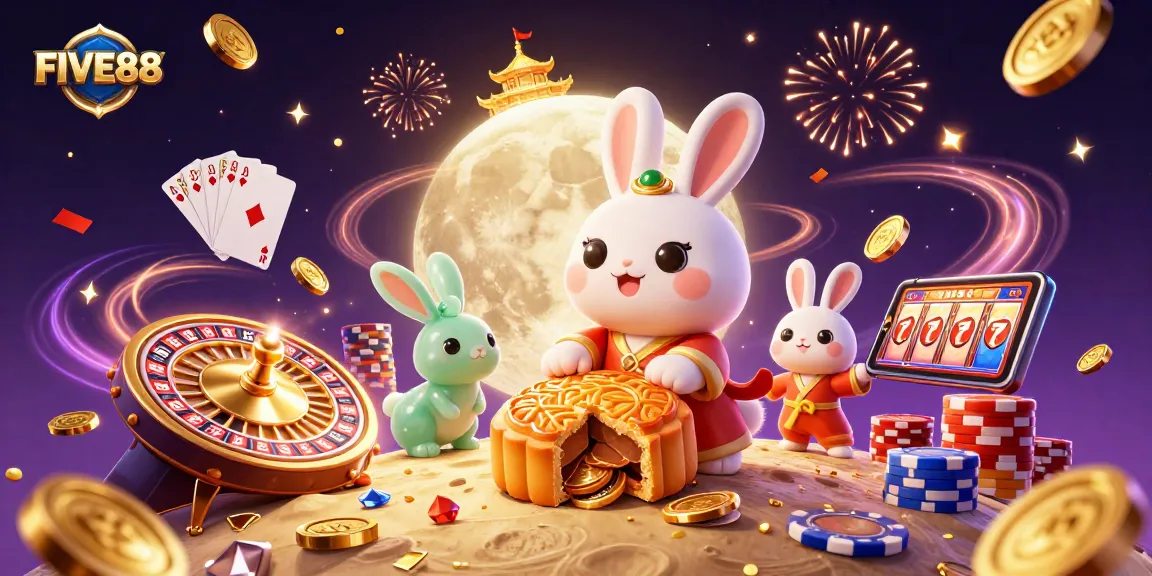 Experience the excitement of gambling with FIVE88 as a moon rabbit reveals poker chips in a festive casino scene.