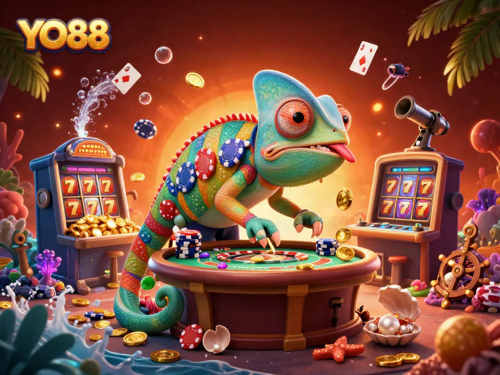 Winning at YO88 casino with vibrant chameleon and colorful game elements.