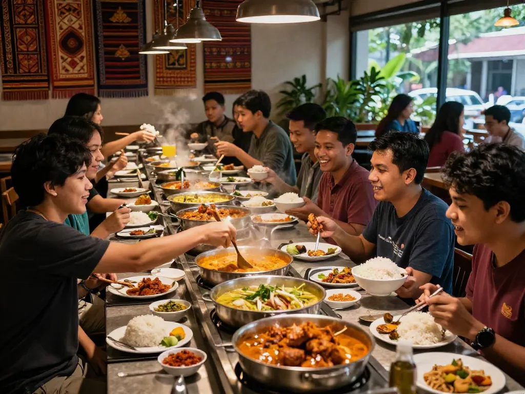 Friends enjoying a vibrant nasi kandar lunch at a busy restaurant, exploring flavors with rokok88 login.