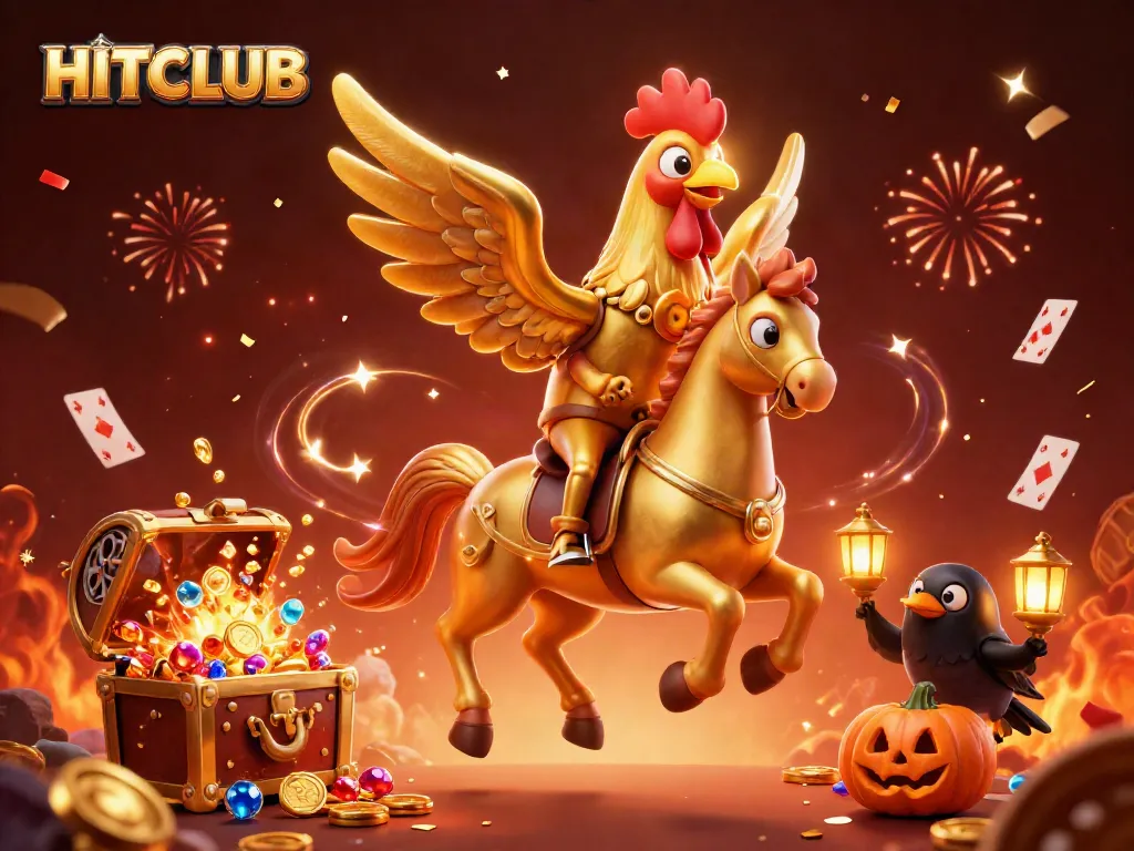 Experience the thrill of HITCLUB as the golden rooster and spectral horse showcase vibrant casino elements.