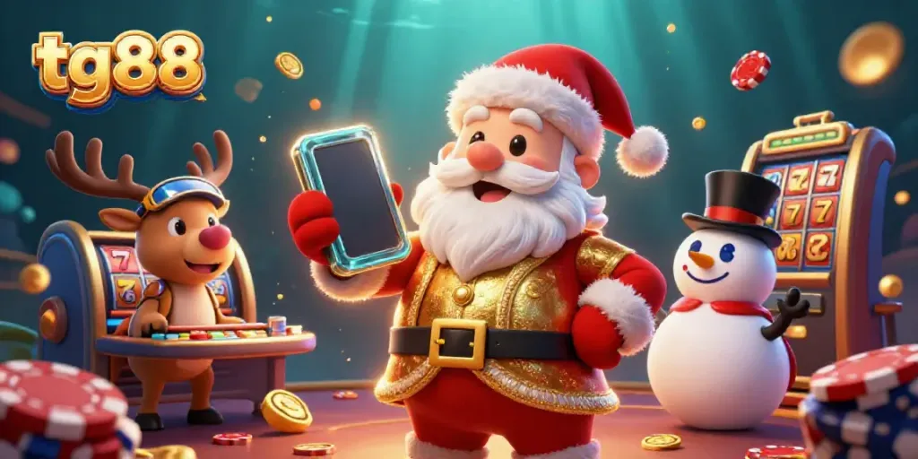 Join tg88's thrilling jackpot slots adventure with Santa, his reindeer dealer, and a poker chip snowman.