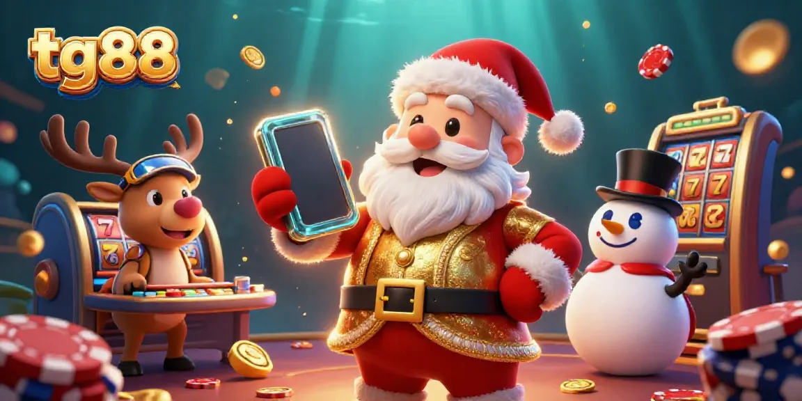 Join tg88's thrilling jackpot slots adventure with Santa, his reindeer dealer, and a poker chip snowman.