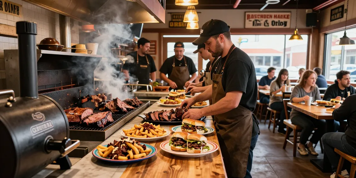 Delicious barbecue Alberta dishes served in a bustling smokehouse kitchen with chefs at work