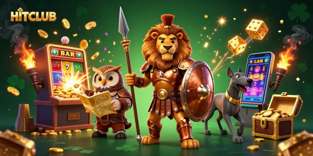 Enjoy thrilling HITCLUB gaming action featuring a Spartan lion and rich casino elements.