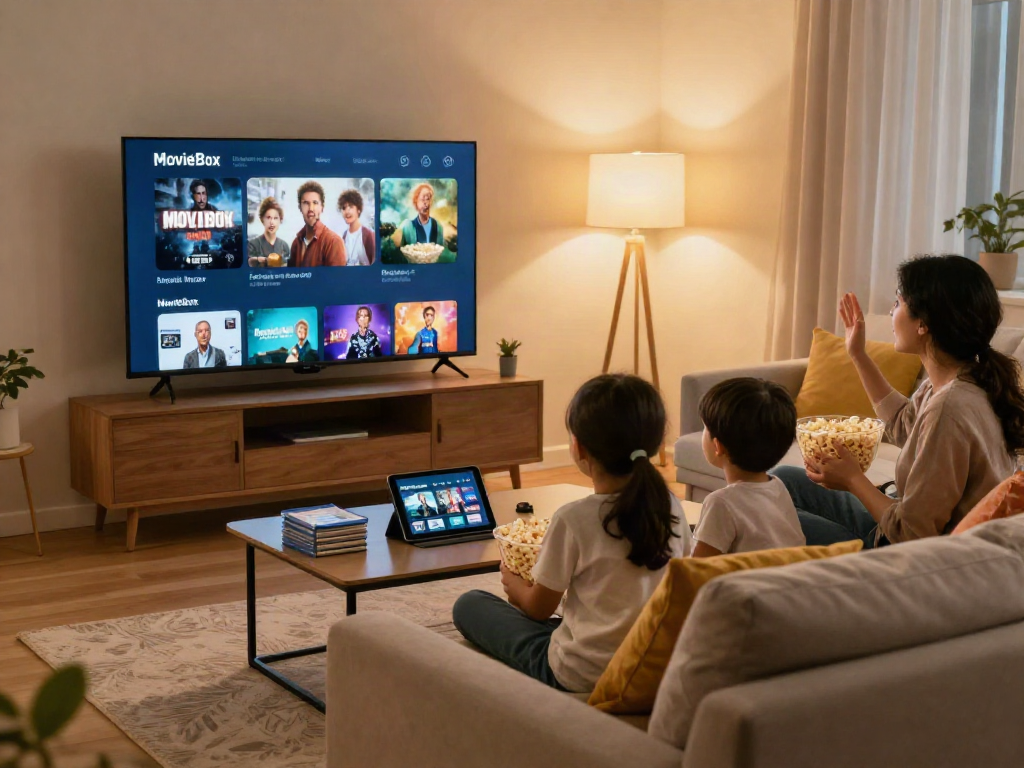 Family enjoying movie box download on smart TV in cozy living room