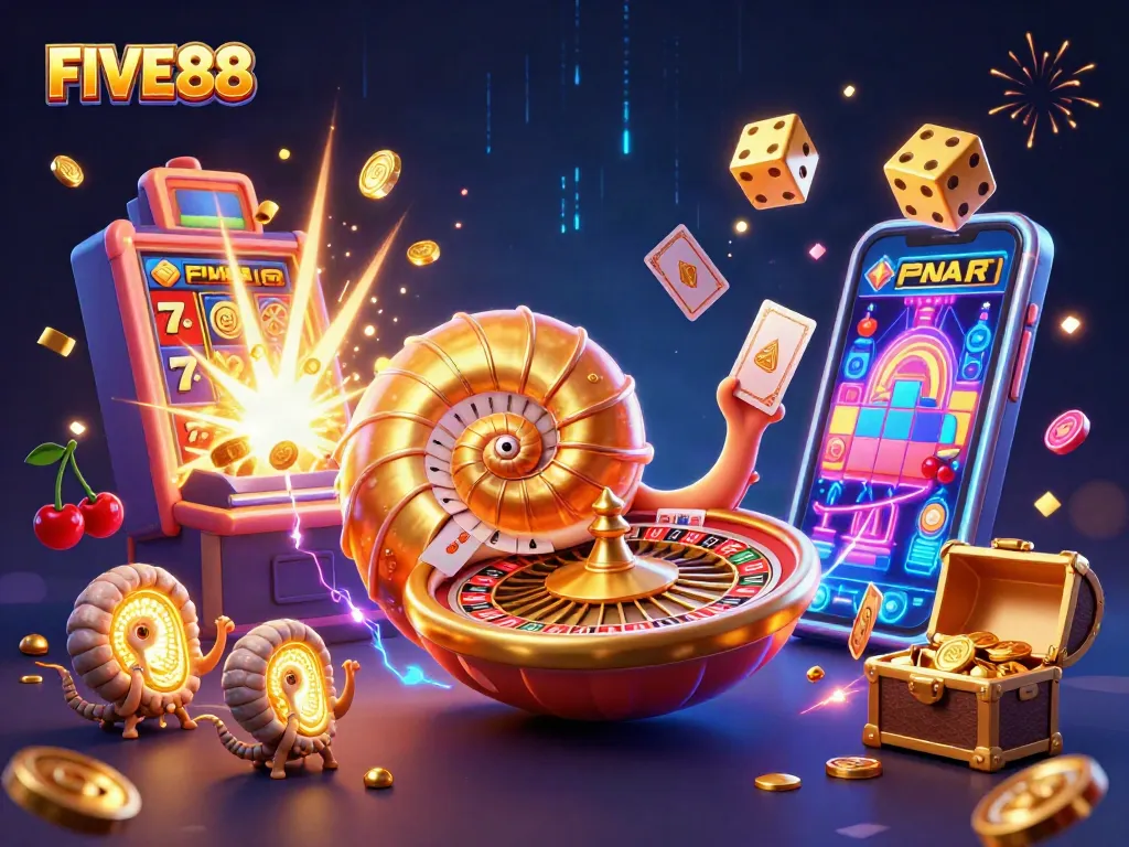 Experience the thrill of FIVE88 with an engaging casino illustration featuring vibrant games and odds.
