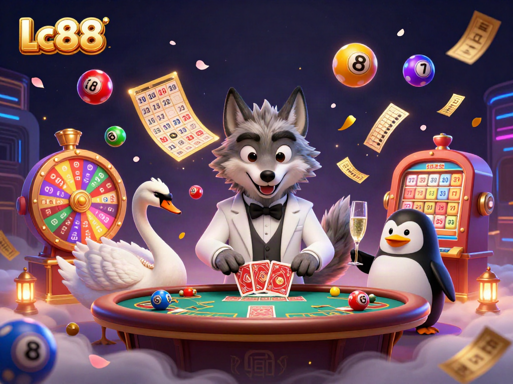 Join the excitement of Lc88 with a captivating scene featuring a wolf, swan, and penguin at a dynamic baccarat table.