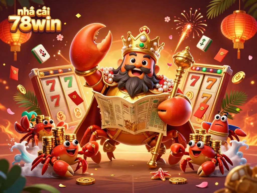 Engage with the vibrant world of nhà cái 78win, featuring a golden crab emperor amidst dynamic casino elements.