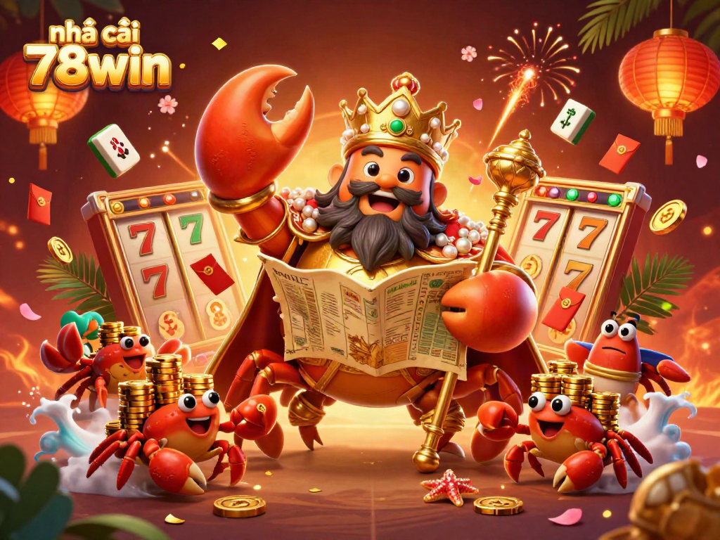 Engage with the vibrant world of nhà cái 78win, featuring a golden crab emperor amidst dynamic casino elements.