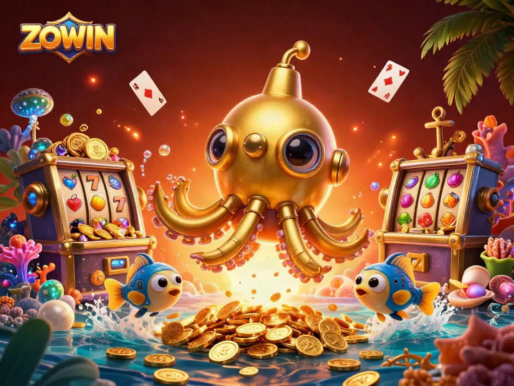 ZOWIN casino adventure featuring a golden kraken submarine and vibrant slot machine action