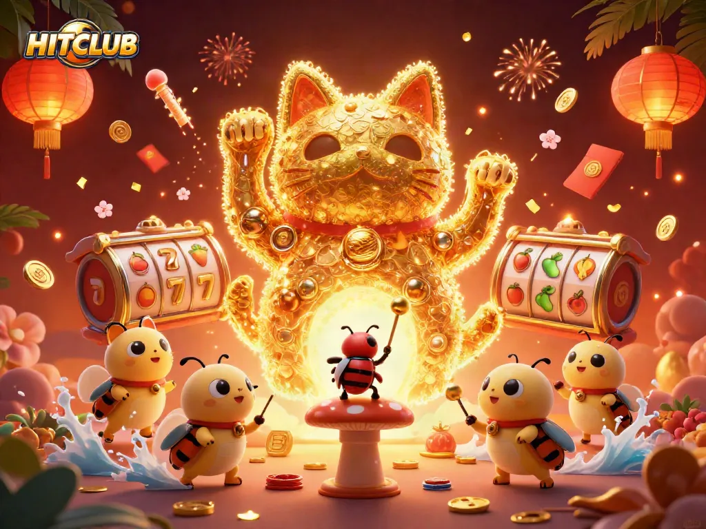 Experience the excitement of HITCLUB with vibrant casino-themed illustrations featuring lucky charms and symbols.