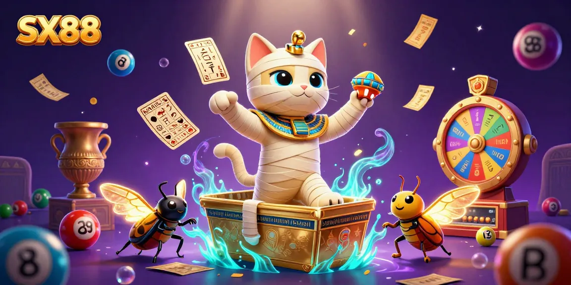 SX88 casino illustration with Egyptian mummy cat and glowing scarab beetle amidst dynamic lottery elements