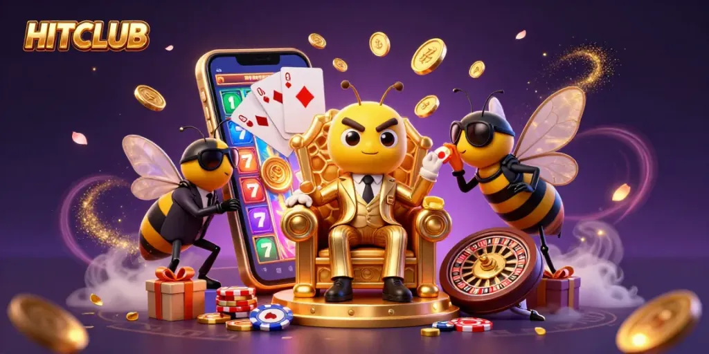 Spin the reels at HITCLUB with a vibrant 3D scene showcasing a bumblebee mob boss and exciting casino elements.