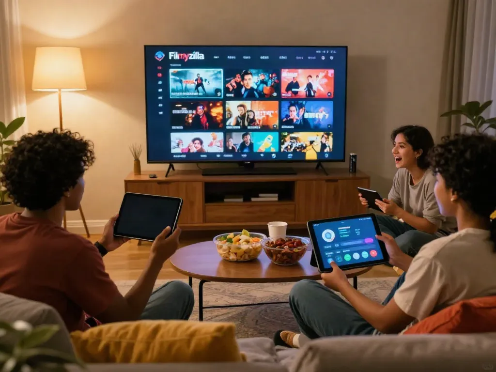 Friends streaming movies on Filmyzilla app during a cozy movie night at home.