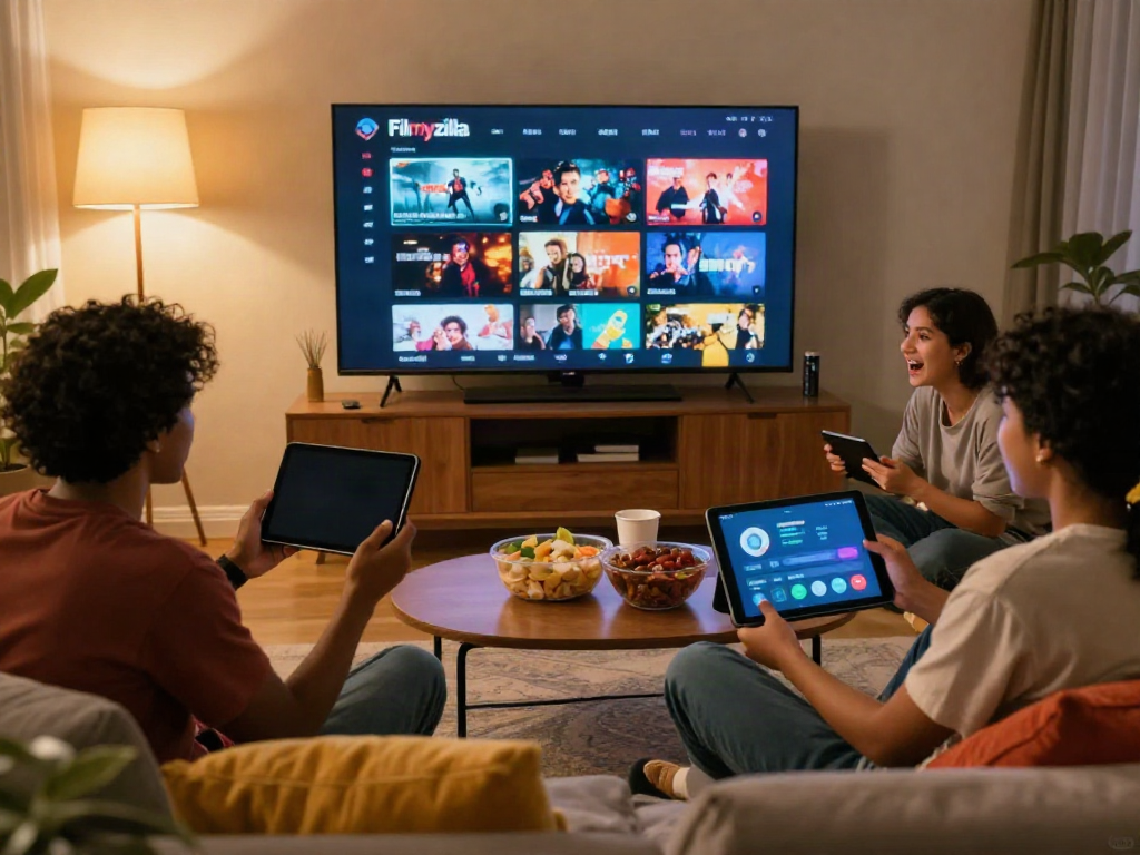 Friends streaming movies on Filmyzilla app during a cozy movie night at home.