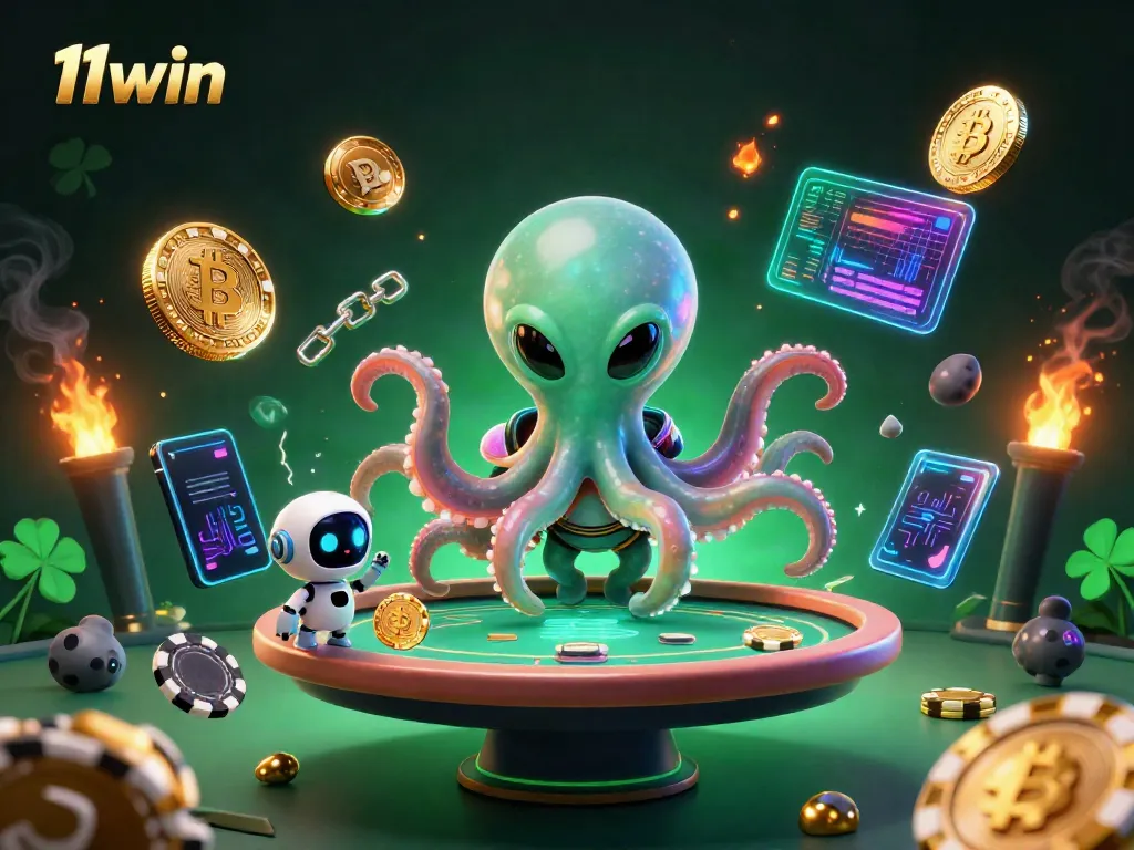 Engage in high-stakes poker with the vibrant and dynamic 11win scene featuring a cartoon octopus dealer and crypto elements.