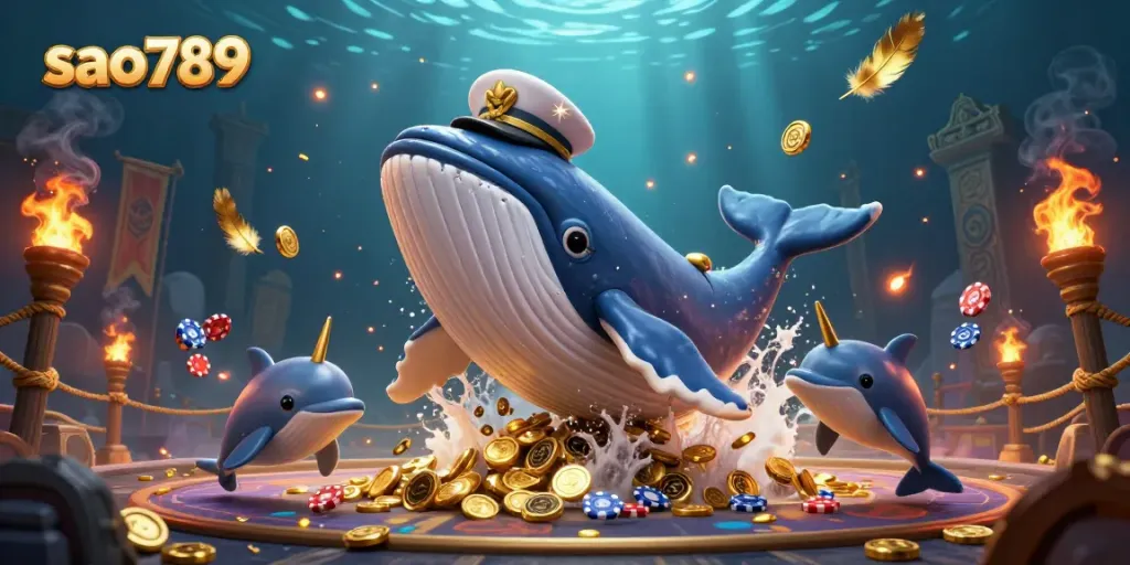 Experience the excitement of sao789 with a vibrant 3D casino illustration featuring a whale and playful dolphins.