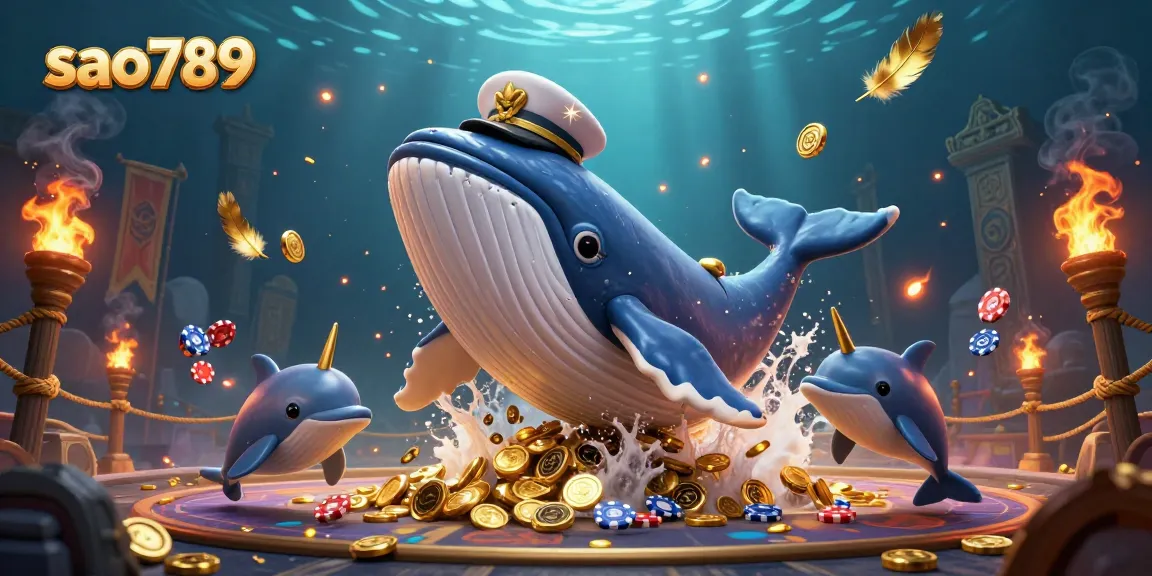 Experience the excitement of sao789 with a vibrant 3D casino illustration featuring a whale and playful dolphins.