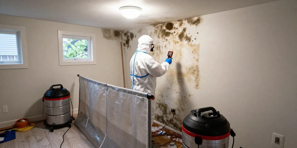 Mold Remediation Vancouver process with certified technician inspecting basement mold in a residential home.