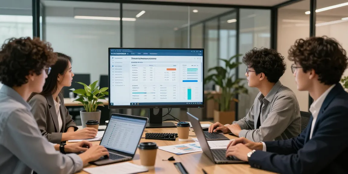 Using accounting software for small business, a diverse team collaborates in a modern office setting, enhancing productivity.