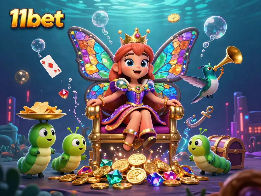 Experience the thrill of gaming at 11bet with a vibrant underwater casino scene featuring colorful characters and treasures.