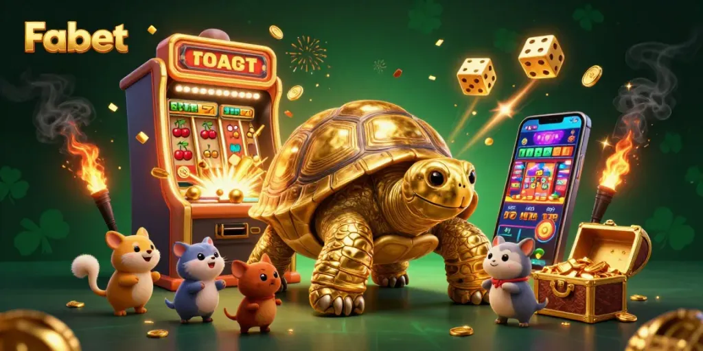 Experience thrilling gaming moments with Fabet's interactive casino world, showcasing vibrant slot machines and lucky symbols.