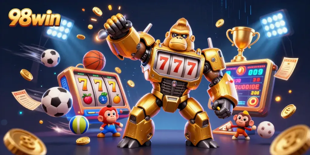 Experience thrilling casino action with 98win’s explosive slot-themed transformation scene featuring dynamic elements and a golden gorilla mech.
