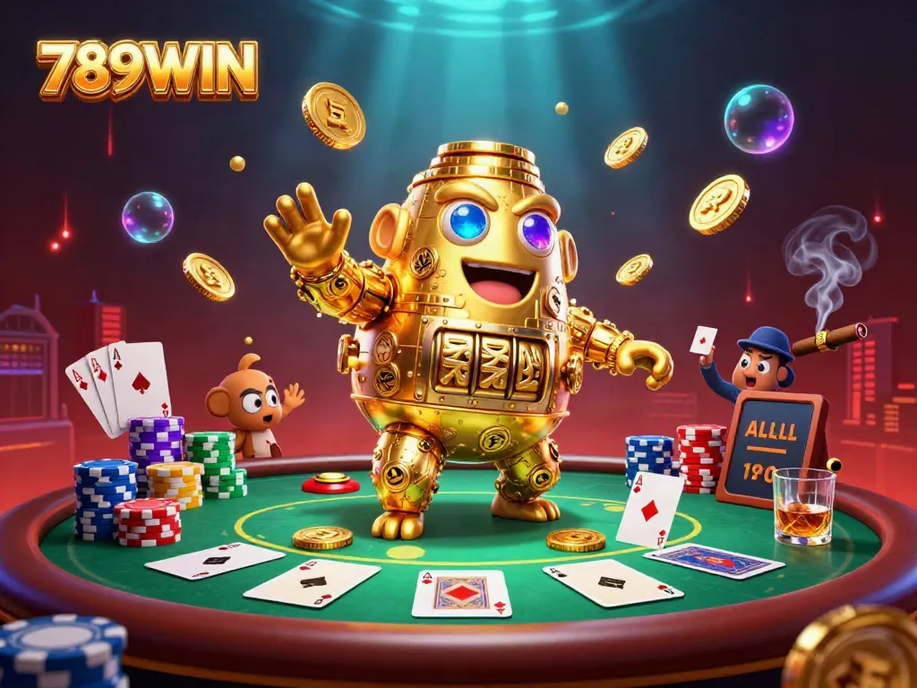 Experience the excitement of 789WIN with a golden golem and poker elements in a vibrant casino setting.