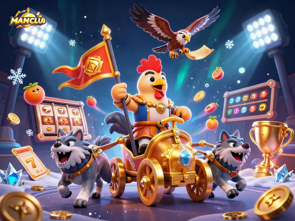 Join MANCLUB's thrilling casino adventure with a rooster warlord amidst slot reels and golden coins.