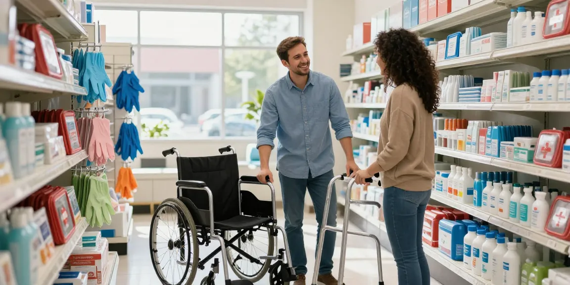 A customer receiving assistance at a medical supply store near me, showcasing mobility aids and healthcare products.