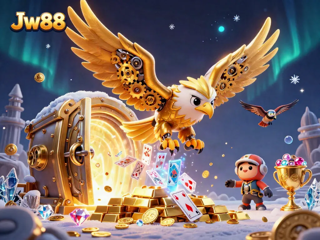 Experience the thrill of Jw88 as the cybernetic eagle dives amidst holographic playing cards and treasures.