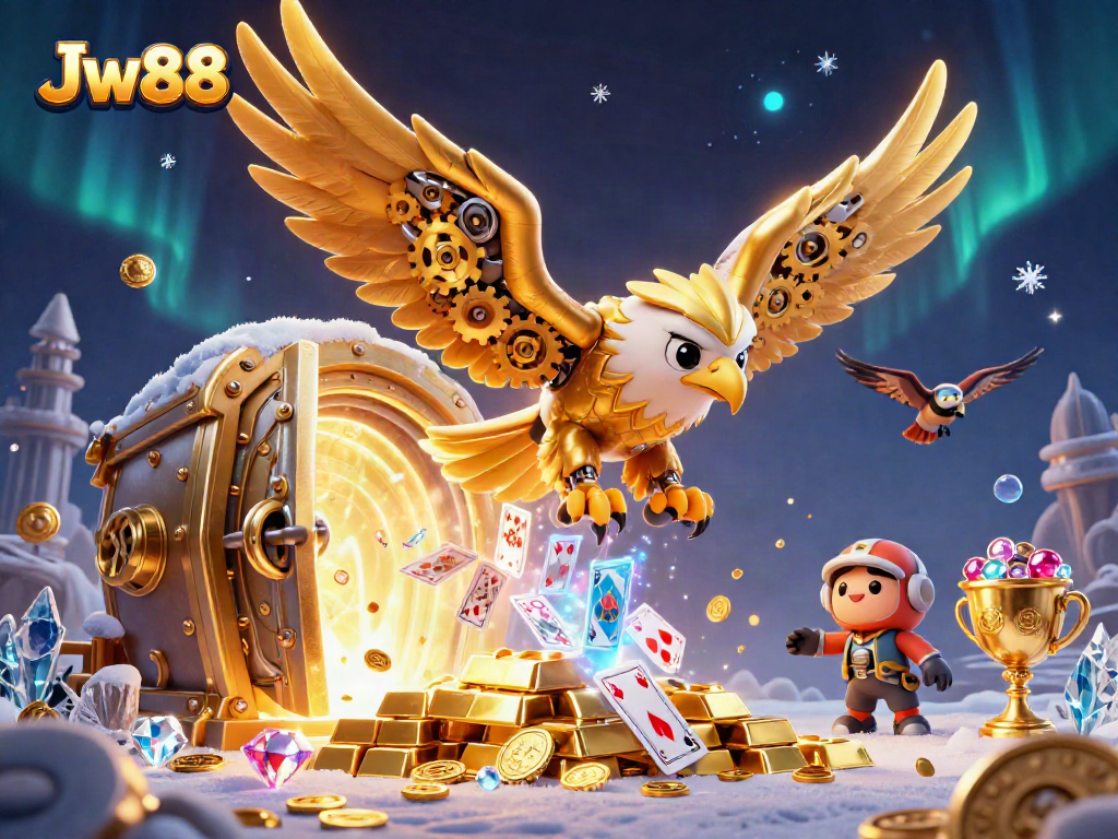 Experience the thrill of Jw88 as the cybernetic eagle dives amidst holographic playing cards and treasures.